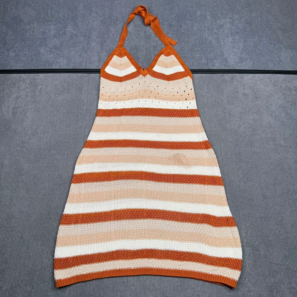 Rue21 Striped Knit Halter Mini Dress Orange Tan White Pointelle S Y2k